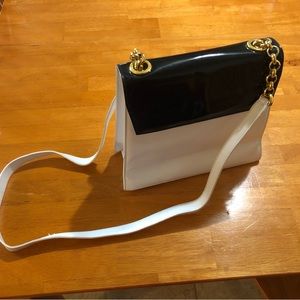 Salvatore Ferragamo white & black patent crossbody. Gold hardware. Has serial #.